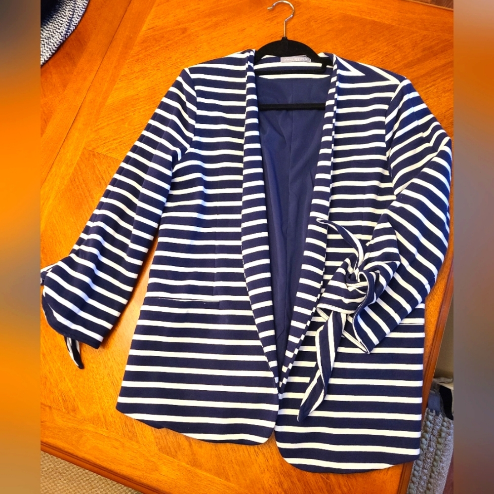 Olivia Moon Striped Blazer, Size Large, Blue and White, Bow Sleeves